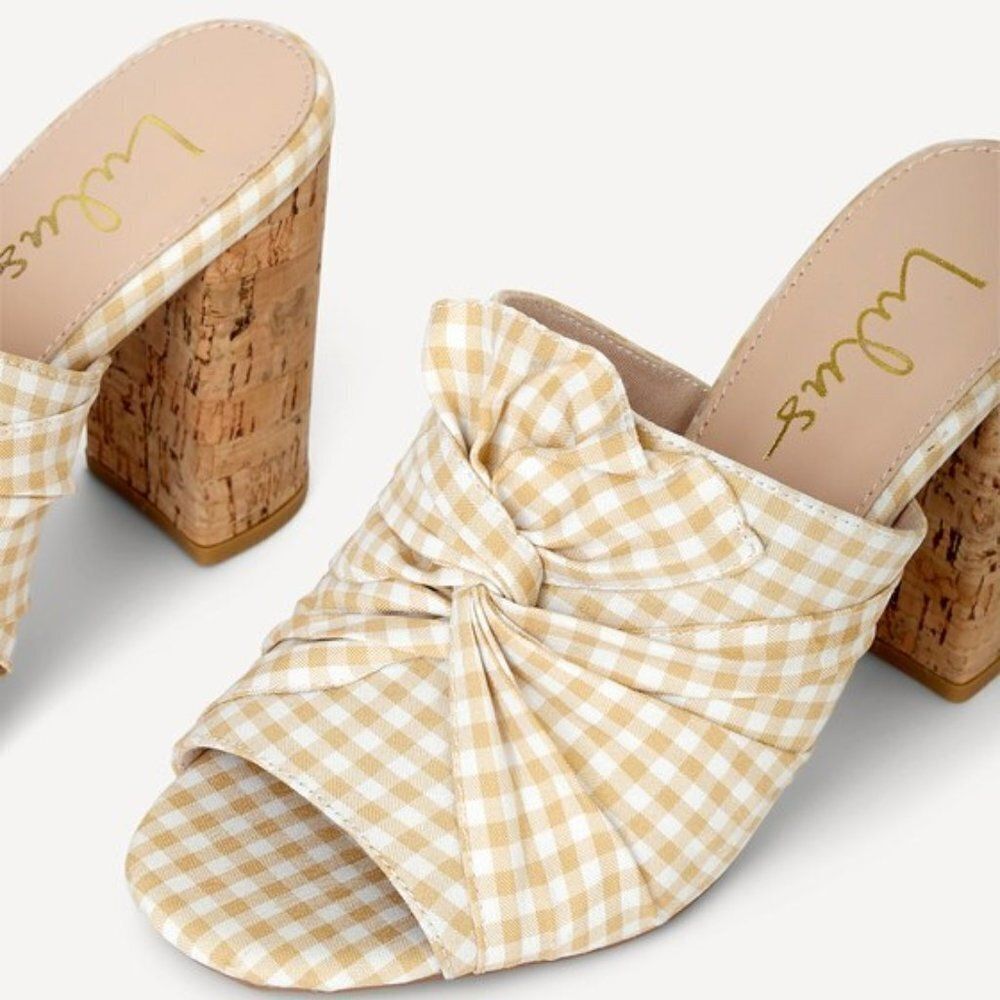 Lulu's Women's Gingham Cork Heeled Sandals Cocktail Party Toffee Mule  Size 7 - Picture 2 of 4